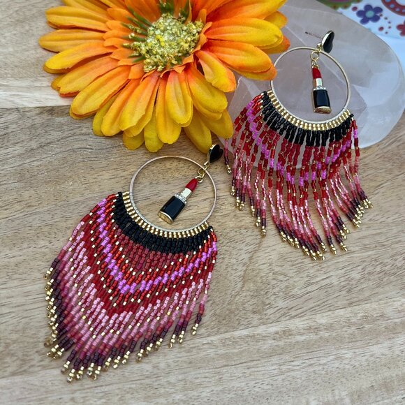 Handmade Beaded Long Tassel Fringe Dangle Drop Lightweight Post Hoop Earrings - Picture 9 of 10